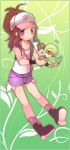  10s 1girl baseball_cap blue_eyes blush breasts brown_hair cutoffs denim denim_shorts hat highres koro_(artist) long_hair pokemon pokemon_(creature) pokemon_(game) pokemon_bw ponytail short_shorts shorts snivy touko_(pokemon) 