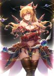  1girl bangs bare_shoulders black_legwear blonde_hair blush bow breasts cleavage commentary_request dress gou_(ga673899) granblue_fantasy hair_between_eyes hair_bow hair_ornament large_breasts long_hair looking_at_viewer navel open_mouth ponytail red_eyes smile solo thigh-highs vira 