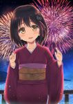  1girl black_legwear brown_eyes fireworks haguro_(kantai_collection) hair_ornament hairclip highres japanese_clothes kantai_collection kimono looking_at_viewer marimo_kei night open_mouth short_hair smile solo water wide_sleeves 