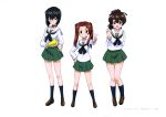  3girls absurdres black_hair black_ribbon brown_hair copyright_name girls_und_panzer glasses green_skirt grin hair_ribbon hand_on_hip high_ponytail highres kadotani_anzu kawashima_momo koyama_yuzu long_hair looking_at_viewer monocle multiple_girls official_art open_mouth pleated_skirt ribbon school_uniform serious shirt simple_background skirt smile twintails v white_background white_shirt 