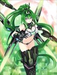  1girl absurdly_long_hair bangs bare_shoulders blue_eyes breasts choujigen_game_neptune crop_top green_hair green_heart headgear highres horn large_breasts long_hair looking_at_viewer navel neptune_(series) next_green ponytail power_symbol solo symbol-shaped_pupils tsunako vert very_long_hair weapon 