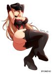  1girl armpits ass black_gloves black_legwear blonde_hair boots breasts cleavage dungeon_and_fighter elbow_gloves epomeno female gloves hand_behind_head hat high_heels large_breasts legs long_hair looking_at_viewer red_eyes solo thick_thighs thigh-highs 