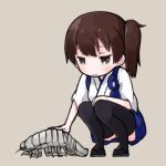  1girl beige_background black_legwear brown_eyes brown_hair commentary_request hakama_skirt hand_on_own_knee isopod japanese_clothes kaga_(kantai_collection) kantai_collection nakashino_setsu petting sandals side_ponytail simple_background squatting tasuki thigh-highs younger 