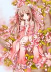  1girl bare_shoulders blurry boots brown_eyes brown_hair choker depth_of_field dress finger_to_mouth flower full_body hair_ribbon in_tree latealatea leaf original pink_boots pink_dress ribbon sitting sitting_in_tree solo tree tree_branch 