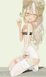  1girl amiami blonde_hair earrings female garter_straps long_hair open_mouth original pink_eyes seiza sitting solo 