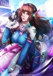  1girl bodysuit breasts brown_eyes brown_hair d.va_(overwatch) facepaint facial_mark gloves gun headphones holding holding_gun holding_weapon long_hair long_sleeves overwatch pilot_suit shoulder_pads skin_tight smile solo turtleneck weapon white_gloves 