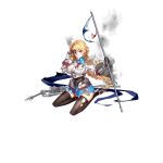  1girl aiguillette armor banner belt blonde_hair blue_eyes blue_skirt blush braid breasts broken brown_legwear cannon closed_mouth damaged epaulettes flag fleur_de_lis french_flag full_body gauntlets hair_between_eyes hand_on_forehead heterochromia high_heels holding jeanne_d&#039;arc_(zhan_jian_shao_nyu) large_breasts long_hair long_sleeves looking_at_viewer machinery medal military military_uniform miyazaki_byou official_art pleated_skirt red_eyes red_ribbon ribbon shield shirt single_braid sitting skirt smoke solo standing sword thigh-highs torn_clothes transparent_background turret uniform weapon white_shirt zettai_ryouiki zhan_jian_shao_nyu 