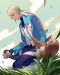  10s 1girl androgynous blanche_(pokemon) brown_eyes clouds coat dark_skin dutch_angle eevee grass holding holding_poke_ball kneeling long_hair looking_at_another lor968 open_clothes open_coat poke_ball pokemon pokemon_(creature) pokemon_go ponytail sky smile white_hair 