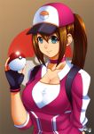  10s 1girl breasts brown_hair female_protagonist_(pokemon_go) jadenkaiba large_breasts poke_ball pokemon pokemon_go ponytail smile solo 