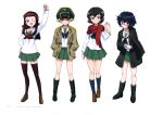  4girls ;d absurdres bandanna black_hair black_legwear blonde_hair brown_eyes caesar_(girls_und_panzer) collarbone copyright_name erwin_(girls_und_panzer) girls_und_panzer green_skirt hand_on_hip hands_in_pockets haori hat highres japanese_clothes long_hair multiple_girls muneate official_art one_eye_closed open_mouth oryou_(girls_und_panzer) pleated_skirt red_scarf saemonza scarf school_uniform shirt short_hair simple_background skirt smile thigh-highs white_background white_shirt zettai_ryouiki 