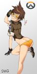  1girl ass bodysuit bomber_jacket brown_eyes brown_gloves brown_hair brown_jacket dnaworld from_behind gloves goggles heart jacket leather leather_jacket looking_at_viewer overwatch short_hair smile solo spiky_hair tracer_(overwatch) wink 