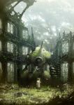  1girl butterfly damaged debris dress forest grass mogumo moss nature original outdoors plant realistic robot ruins sash science_fiction sky solo stairs tree window 
