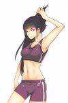  1girl adidas alternate_hairstyle bike_shorts black_hair breasts capcom cowboy_shot glowing glowing_eye hair_down han_juri medium_breasts midriff navel purplevortex shirt shorts solo sports_bra street_fighter toned violet_eyes white_background 