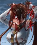  1girl blood breasts brown_hair commentary_request cutting_hair kantai_collection large_breasts mrdotd short_hair_with_long_locks signature sky solo torn_clothes violet_eyes yamato_(kantai_collection) 