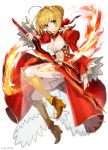  1girl aestus_estus ahoge blonde_hair commentary_request dress epaulettes fate/extra fate_(series) green_eyes hair_ribbon highres kneehighs long_hair mika_pika_zo red_dress revision ribbon saber_extra see-through smile solo sword weapon 
