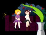  2girls alcohol apple_tree blonde_hair brown_hair couch cup dateless_bar_&quot;old_adam&quot; dress drinking_glass eye_contact hair_ribbon holding holding_cup legs_crossed looking_at_another maribel_hearn multiple_girls no_hat no_headwear open_mouth plant purple_dress ribbon short_hair sitting touhou tree usami_renko vase white_ribbon yellow_eyes 