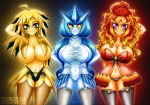  10s 3girls articuno breasts cleavage large_breasts looking_at_viewer moltres monster_girl multiple_girls navel personification pokemon pokemon_go sevie smile zapdos 