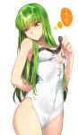  1girl arm_behind_back armpits bare_shoulders blush breasts c.c. code_geass covered_navel creayus green_hair long_hair looking_away medium_breasts simple_background solo unzipped white_background yellow_eyes 