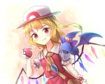  ascot bag bat blonde_hair blush bow buttons closed_mouth eyelashes fang fang_out fangs fedora flandre_scarlet frilled_shirt_collar frilled_sleeves frills handbag hat holding holding_poke_ball looking_at_viewer minust over_shoulder poke_ball pokemon pokemon_(creature) puffy_short_sleeves puffy_sleeves red_bow red_eyes red_skirt red_vest scrunchie shirt short_hair short_sleeves skirt smile teeth tooth touhou upper_body vs_seeker white_hat white_shirt wrist_scrunchie zubat 