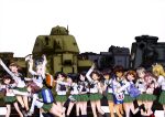  6+girls absurdres animal_ears bag bike_shorts black_hair black_legwear black_shorts blonde_hair brown_eyes brown_hair cat_ears closed_eyes collarbone dark_skin eyepatch fake_animal_ears girls_und_panzer glasses gotou_moyoko green_eyes green_skirt grey_hair ground_vehicle hairband hand_on_hip handheld_game_console highres holding hoshino_(girls_und_panzer) index_finger_raised isobe_noriko kawanishi_shinobu kneehighs kondou_taeko konparu_nozomi long_hair m3_lee midriff military military_vehicle momogaa motor_vehicle multiple_girls nakajima_(girls_und_panzer) navel nekonyaa official_art one_eye_closed pink_hairband piyotan pleated_skirt ponytail renault_b1 sakaguchi_karina sasaki_akebi school_bag shirt shorts shorts_under_skirt skirt socks sono_midoriko suzuki_(girls_und_panzer) tank tsuchiya_(girls_und_panzer) type_3_chi-nu type_89_i-gou v white_shirt 