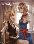  2girls alice_margatroid arms_behind_back black_skirt black_vest blonde_hair blue_dress blue_eyes bound bound_wrists capelet collarbone curtains dress hair_over_one_eye hair_tucking hairband hand_on_another&#039;s_cheek hand_on_another&#039;s_face kirisame_marisa lolita_hairband long_hair looking_at_another meng_ziya milk_carton multiple_girls parted_lips sash shirt short_hair sitting skirt smile sunlight sweat touhou unbuttoned untucked_shirt white_shirt window wrist_cuffs yellow_eyes yuri 