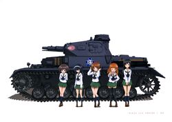  5girls absurdres akiyama_yukari anglerfish black_hair blush brown_hair copyright_name emblem girls_und_panzer ground_vehicle hands_on_headphones headphones highres isuzu_hana long_hair military military_vehicle motor_vehicle multiple_girls nishizumi_miho official_art one_eye_closed panzerkampfwagen_iv reizei_mako short_hair simple_background smile takebe_saori tank v wavy_hair white_background 