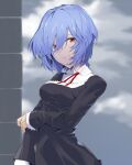  1girl ayanami_rei bangs black_dress blue_hair blurry blurry_background closed_mouth clouds cloudy_sky dress dress_shirt evangelion:_3.0+1.0_thrice_upon_a_time hair_between_eyes long_sleeves looking_at_viewer neck_ribbon neon_genesis_evangelion outdoors pinafore_dress rebuild_of_evangelion red_eyes red_ribbon ribbon shiny shiny_hair shirt short_hair sky sleeves_past_wrists smile solo white_shirt yagisawa_teru 