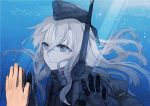  1girl against_glass blue_eyes blush gloves hat hita_(hitapita) kantai_collection long_hair pale_skin smile snorkel solo_focus u-511_(kantai_collection) underwater 