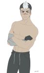  1boy black_hair brown_eyes flat_color hyakujuu-ou_golion male_focus multicolored_hair pants scar shirtless simple_background solo takashi_shirogane two-tone_hair voltron:_legendary_defender white_hair 