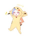  1girl blue_hair chibi cosplay jinx_(league_of_legends) league_of_legends pikachu pikachu_(cosplay) pink_eyes pokemon solo 