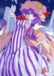  &gt;:( 1girl blue_bow blue_ribbon book bow breasts capelet crescent dress eichi_yuu from_below hair_bow hair_ribbon hat hat_ribbon holding holding_book long_hair looking_at_viewer medium_breasts mob_cap pajamas patchouli_knowledge purple_hair red_bow red_ribbon ribbon solo striped touhou tress_ribbon tsurime vertical-striped_dress vertical_stripes very_long_hair violet_eyes wide_sleeves 