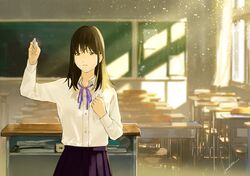  1girl brown_eyes brown_hair chair chalk chalkboard classroom commentary_request curtains desk indoors long_hair loundraw original school school_desk school_uniform skirt sunlight window 