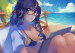  1girl alternate_costume bikini black_hair blouse blue_bikini blue_eyes blurry depth_of_field hair_up hazuki_(nature.) headphones kantai_collection knees_up long_hair lying midriff ocean on_back ooyodo_(kantai_collection) open_mouth outside_border palm_tree swimsuit tree white_blouse wooden_floor 