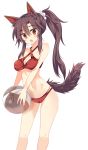  1girl :o animal_ears ball bangs beachball bikini breasts brown_hair cleavage cowboy_shot fang high_ponytail highres imaizumi_kagerou long_hair maturiuta_sorato open_mouth red_bikini red_eyes sidelocks simple_background solo standing strapless swimsuit tail touhou white_background wolf_ears wolf_tail 