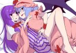  &gt;:) 2girls arm_garter bangs barefoot bat_wings blue_hair blunt_bangs blush bow bowtie dress eichi_yuu hair_bow hat hat_ribbon jpeg_artifacts lavender_hair long_hair looking_at_viewer lying mob_cap multiple_girls no_hat no_headwear on_back parted_lips patchouli_knowledge pink_dress puffy_short_sleeves puffy_sleeves purple_hair red_bow red_bowtie red_eyes red_ribbon remilia_scarlet ribbon short_dress short_hair short_sleeves smile striped striped_dress tongue tongue_out touhou vertical-striped_dress vertical_stripes violet_eyes white_background wings wrist_cuffs yuri 