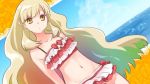  1girl alternate_costume artist_request bangs bare_shoulders bikini blonde_hair clouds collarbone commentary_request dutch_angle frills head_tilt horizon long_hair looking_at_viewer mayu_(vocaloid) midriff multicolored_hair navel sky solo swimsuit upper_body vocaloid water yellow_eyes 