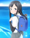  1girl asashio_(kantai_collection) backpack bag child clouds female kantai_collection kurokaji long_hair looking_at_viewer looking_back outdoors panties pantyshot randoseru shiny shiny_hair shiny_skin skirt skirt_lift sky smile underwear 