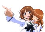  2girls :d ^_^ absurdres blush brown_hair closed_eyes collarbone girls_und_panzer hands_on_another&#039;s_shoulders highres index_finger_raised long_hair multiple_girls nishizumi_miho official_art open_mouth pointing school_uniform shirt short_hair simple_background smile sweatdrop takebe_saori wavy_mouth white_background white_shirt 