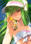  1girl ;o artist_name bare_arms bare_shoulders bikini blue_sky blush bow breasts c.c. code_geass collarbone creayus day green_hair hat head_tilt holding_bottle long_hair looking_at_viewer one_eye_closed palm_tree parted_lips plant sky solo strapless strapless_bikini summer swimsuit tree under_boob upper_body very_long_hair visor_cap white_bikini white_bow white_hat yellow_eyes 