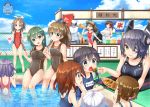  5han 6+girls :t =_= admiral_(kantai_collection) akatsuki_(kantai_collection) alternate_costume apron aqua_eyes bare_shoulders black_hair blue_eyes blue_hair brown_eyes brown_hair chain-link_fence closed_eyes competition_swimsuit eating eyepatch feeding fence folded_ponytail food green_hair grin hair_ornament hairclip headgear hibiki_(kantai_collection) ikazuchi_(kantai_collection) inazuma_(kantai_collection) kantai_collection kumano_(kantai_collection) long_hair mamiya_(kantai_collection) military military_uniform multiple_girls name_tag one-piece_swimsuit open_mouth pool purple_hair ryuujou_(kantai_collection) school_swimsuit shaved_ice short_hair silver_hair smile suzuya_(kantai_collection) swimsuit taigei_(kantai_collection) takoyaki tenryuu_(kantai_collection) uniform zuihou_(kantai_collection) 