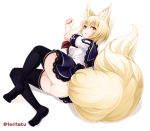  1girl animal_ears ass black_legwear blonde_hair fox_ears fox_tail frills full_body lace lace-trimmed_shirt lace-trimmed_skirt lying no_panties on_side open_mouth original sailor_collar shirt short_hair short_sleeves simple_background skirt solo tail thigh-highs torigoe_takumi twitter_username white_background yellow_eyes 