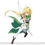  1girl arrow blonde_hair bow_(weapon) green_eyes hair_ornament holding holding_weapon leafa long_hair midriff navel pointy_ears ponytail short_shorts shorts simple_background solo sword_art_online sword_art_online:_code_register thigh-highs watermark weapon white_background white_legwear white_shorts 