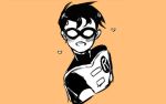  1boy batman_(series) black_hair blush cape dc_comics gloves male_focus mask monochrome robin_(dc) senshu solo superhero tim_drake upper_body 