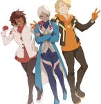  10s 1boy 1girl androgynous blanche_(pokemon) blonde_hair blue_eyes brown_hair candela_(pokemon) chishio clenched_hand closed_eyes crossed_arms dark_skin gloves grin hand_on_another&#039;s_shoulder highres hood hoodie orange_gloves pantyhose pokemon pokemon_go ponytail short_hair smile spark_(pokemon) spiky_hair v white_background white_hair yellow_eyes 