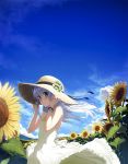  1girl bare_shoulders blue_eyes blue_hair blush bracelet breasts clouds dress flower from_side hand_on_headwear hat head_tilt hibiki_(kantai_collection) highres honjou_masato jewelry kantai_collection long_hair looking_at_viewer outdoors parted_lips sky sleeveless sleeveless_dress small_breasts solo straw_hat sun_hat sundress sunflower white_dress wind 