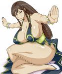  1girl alternate_costume alternate_hairstyle bracelet braid breasts brown_eyes brown_hair chun-li cleavage curvy fighting_stance highres huge_breasts jewelry long_hair looking_at_viewer nail_polish otogi_tetsurou sitting smile solo spiked_bracelet spikes street_fighter street_fighter_v thick_thighs thighs twin_braids wide_hips 