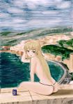  1girl :d ahoge beer_can blonde_hair blue_eyes blush boat brand_name_imitation breasts building can from_behind full_body hand_behind_head hiropyon long_hair looking_back new_game! number open_mouth outdoors road sitting smile solo t-back thong topless very_long_hair water watercraft yagami_kou 