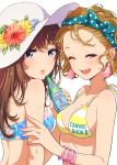  2girls back bandeau bangs bare_shoulders beer_bottle bikini bikini_top blonde_hair blue_eyes blue_flower bottle bracelet breasts brown_eyes brown_hair cleavage clothes_writing collarbone comiket comiket_90 cross-laced_clothes drink earrings eyebrows eyebrows_visible_through_hair eyelashes floral_print flower hair_slicked_back hairband hand_on_another&#039;s_arm hat hat_flower heart_print highres holding holding_bottle jewelry laughing leaf lips lipstick long_hair looking_at_viewer makeup medium_breasts morikura_en multiple_girls nail_polish o-ring_bikini o-ring_top one_eye_closed open_mouth original parted_lips pink_lips pink_nails print_bikini red_flower shade short_hair simple_background small_breasts smile strapless striped striped_bikini sun_hat swimsuit tassel tubetop upper_body wavy_hair white_background yellow_bikini yellow_flower yellow_nails 