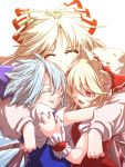  3girls ascot blonde_hair blue_hair blue_shirt cirno closed_eyes colored_eyelashes darjeeling_(reley) fairy fang flandre_scarlet fujiwara_no_mokou hair_ribbon height_difference highres hug ice ice_wings light_smile long_hair looking_at_another multiple_girls one_eye_closed open_mouth parted_lips puffy_short_sleeves puffy_sleeves red_eyes red_vest ribbon shirt short_hair short_ponytail short_sleeves touhou upper_body vampire white_hair white_shirt wings 