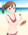  1girl :t bikini blush brown_eyes brown_hair child eating holding kantai_collection kurokaji looking_at_viewer navel ryuujou_(kantai_collection) shiny shiny_hair shiny_skin solo swimsuit takoyaki toothpick twintails 